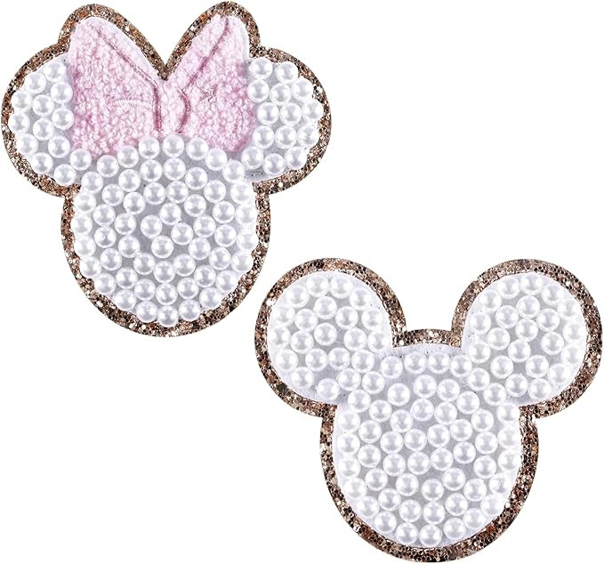 2Pcs Mouse Pearls Embroidered Patch, Cartoon Mouse Pearls Patches Gold Edges Chenille Self-Adhesi... | Amazon (US)