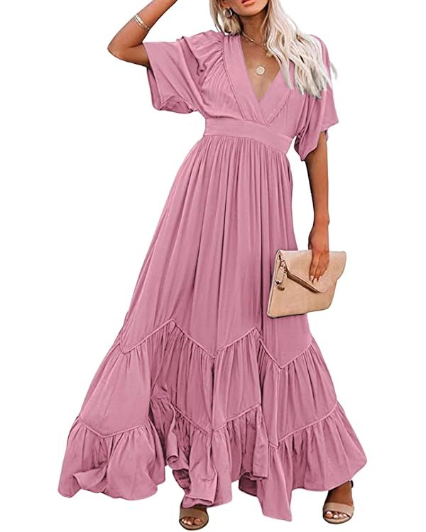 CHARTOU Women's Boho Ruffle Sleeve Flowy Maxi Dress Lace Up Back Tiered Party A Line Dress | Amazon (US)