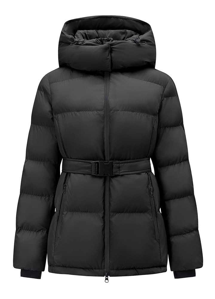 Women's Winter Warm Puffer Jackets Slim Fit Water-Resistant Detachable Hooded with Belt | Amazon (US)