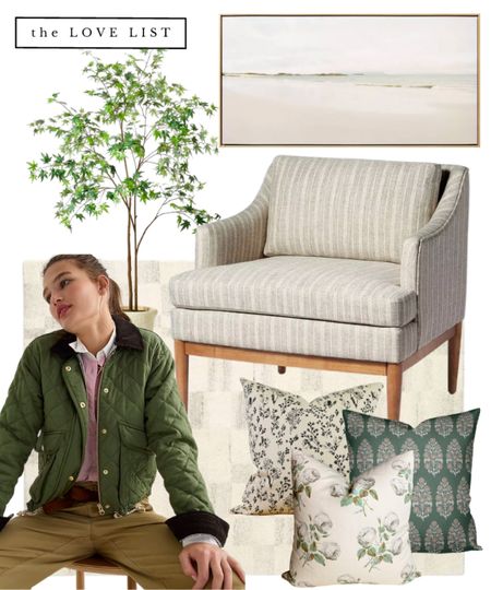 Grey and green living room decor // striped armchair, landscape art, faux tree, neutral rug, floral pillows, green toss cushions, target home decor, Etsy pillows. 

#LTKunder100 #LTKhome #LTKFind