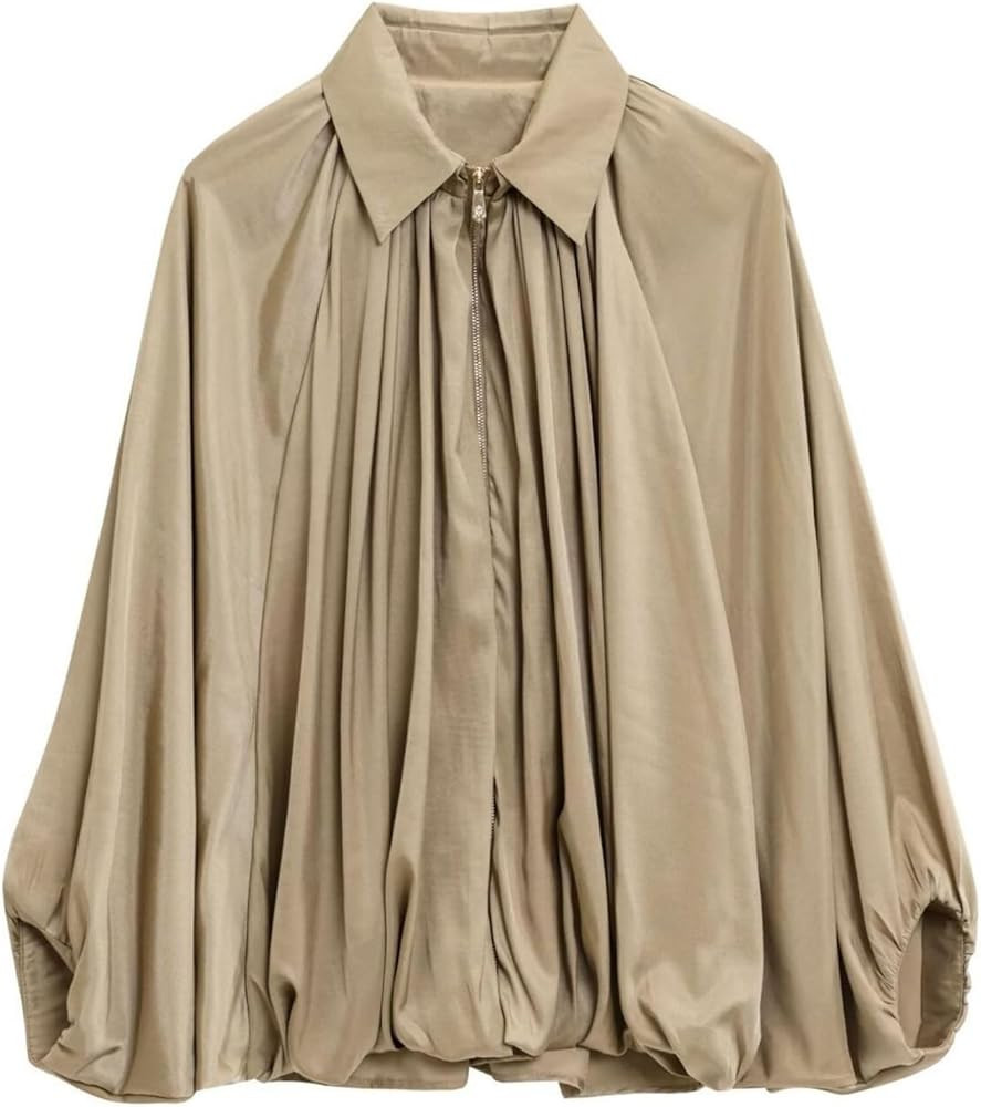 WOWULOVELY Women's Puffed Bomber Jacket Oversized Lapel Collar Streetwear Coat Long Casual Batwin... | Amazon (US)