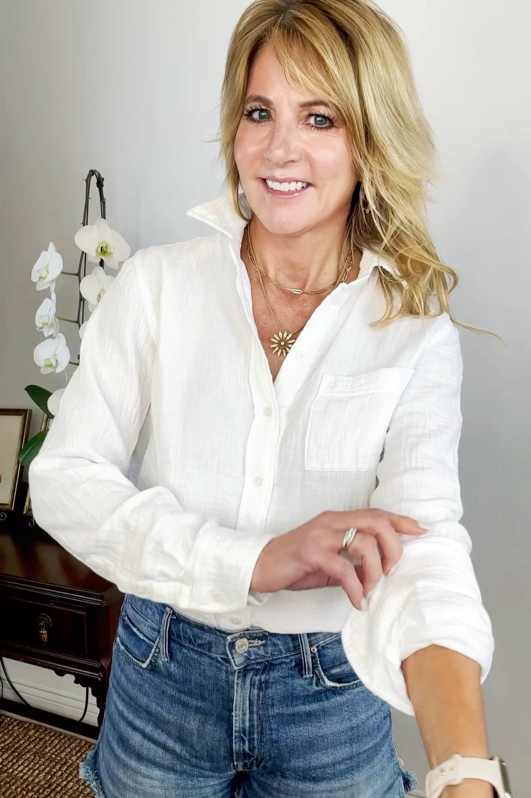 Watch the video to see how to cuff a long sleeve top so it stays!

I am in love with this gauze blouse from JCrew factory. It’s so lightweight and breezy. Perfect for Spring & Summer. I like an oversized fit. I’m wearing a S. 

I bought these cut-offs by Mother and I have lived in them!! I prefer a little bit of a looser fit (I don’t like shorts that hug my legs). I’m in a 27  

#LTKVideo #LTKstyletip #LTKover40