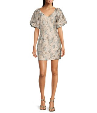 Metallic Jacquard V-Neckline Short Puff Sleeve Mini Dress | Dillard's