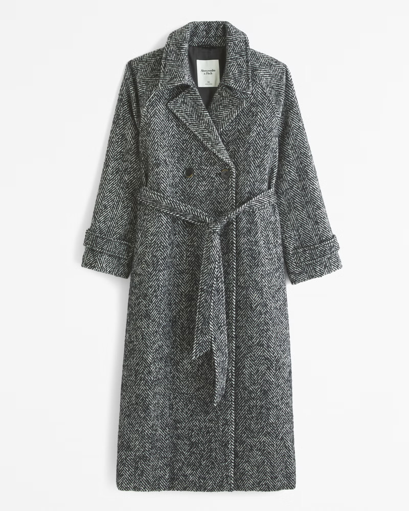 Abercrombie & Fitch Women's Wool-Blend Trench Coat in Black Herringbone - Size XXS TALL | Abercrombie & Fitch (US)