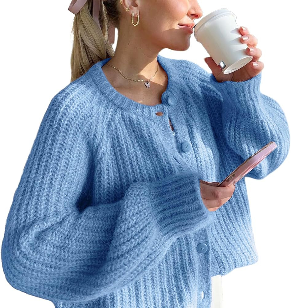 Women's Cardigan Sweaters Button Down Open Front Chunky Cardigan Long Sleeve Cropped Y2k Knit Out... | Amazon (US)