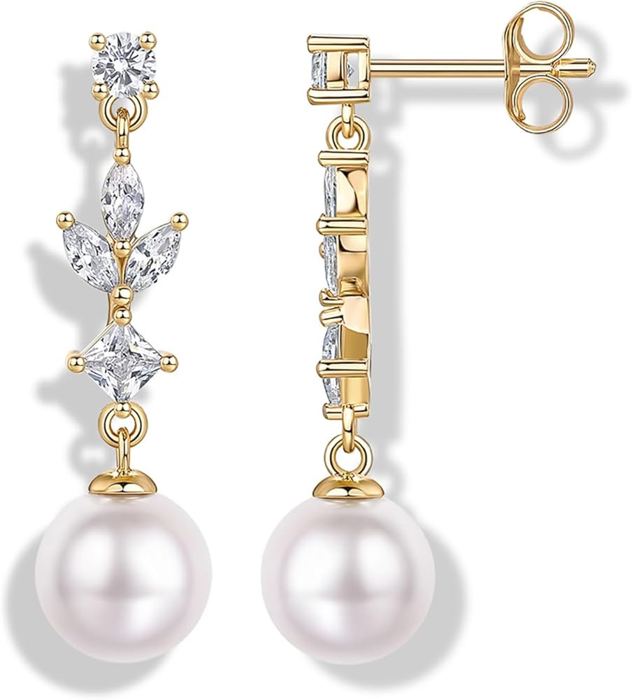 PAVOI 14K Gold Plated Cubic Zirconia Dangle Earrings for Women - Crystal Long Linear Bridal Drop ... | Amazon (US)