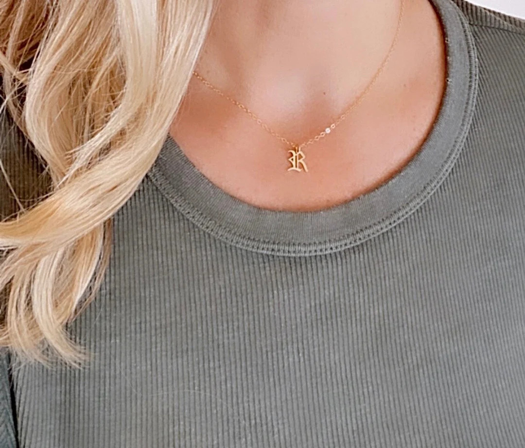 Mini Old English Letter Necklace Dainty Gold Filled Initial Necklace Gothic Letter Charm Tiny Let... | Etsy (US)