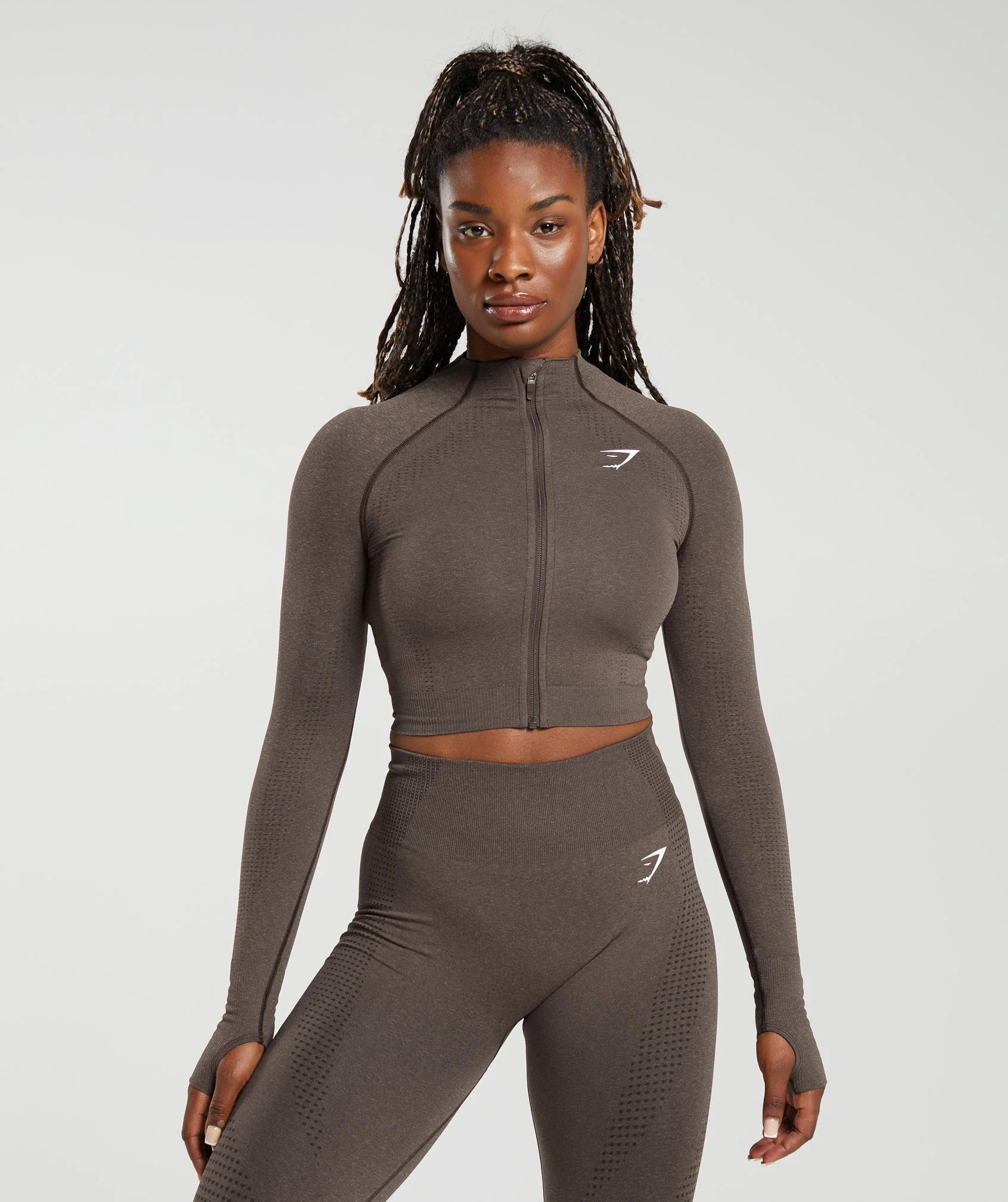 Gymshark Vital Seamless 2.0 Midi Zip Up Jacket - Brown Marl | Gymshark US