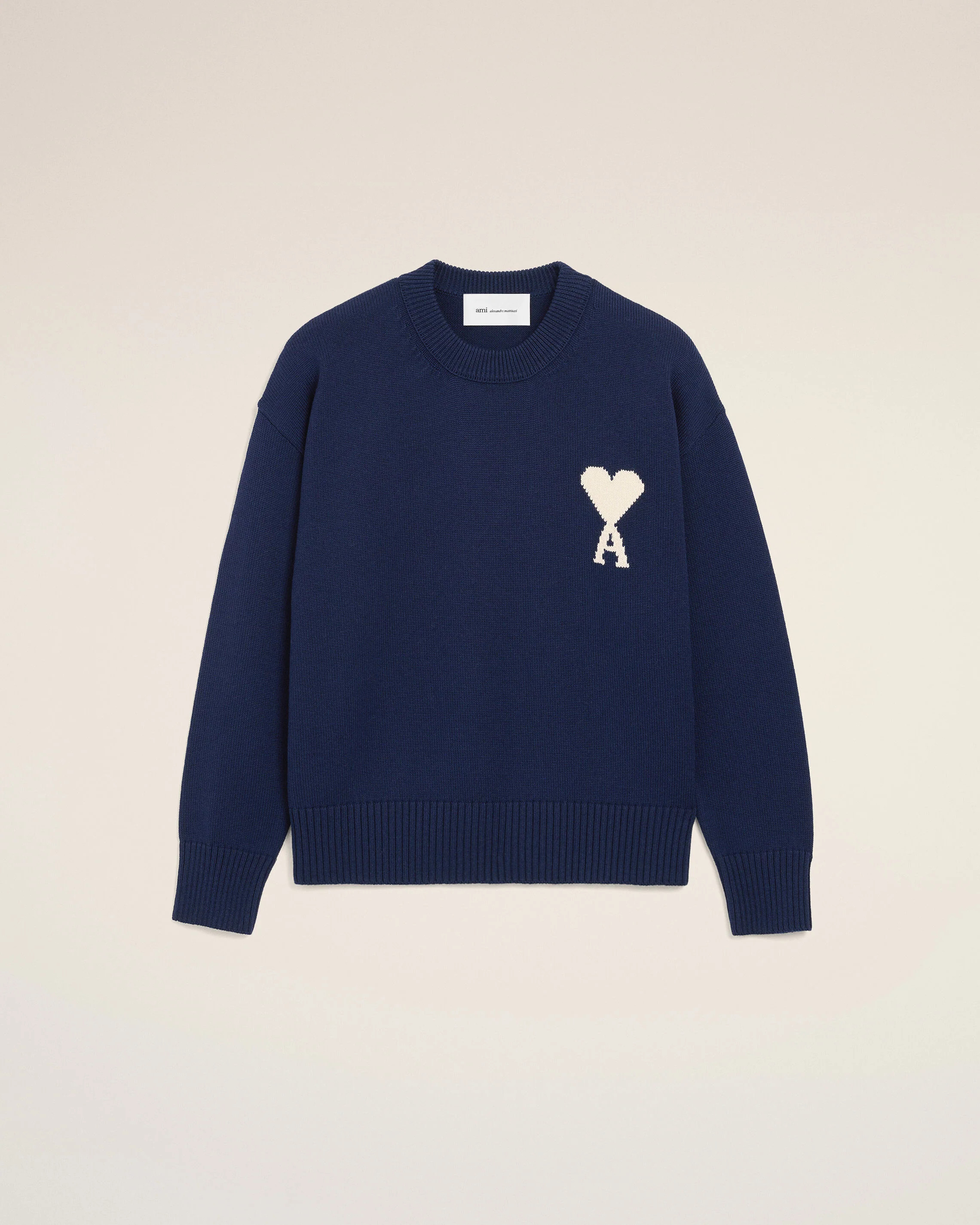 INK/OFF WHITE Blue Wool And Cotton Crewneck Ami De Coeur Sweater | Ami Paris | AMI Paris FR