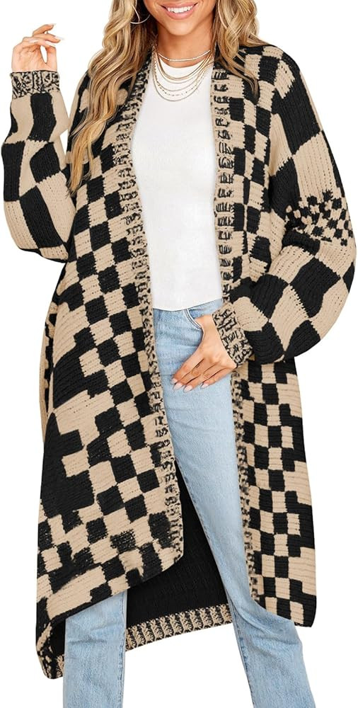 Saodimallsu Womens Checkered Long Cardigans Chunky Oversized Open Front Batwing Sleeve Color Bloc... | Amazon (US)