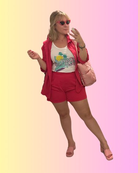 Outfit inspo for the upcoming Barbie movie! What to wear to go see the Barbie movie, Barbie event outfit, Barbie party look, Barbie bounding. Retro Barbie tank top, vintage Barbie tank and matching Barbie pink shorts set. Barbie pink cat eye sunglasses. Quilted pink plush tote bag.

#LTKunder50 #LTKitbag #LTKstyletip