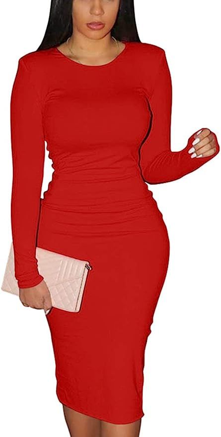 XXTAXN Women's Sexy Bodycon Long Sleeve Round Neck Work Office Maxi Pencil Dress | Amazon (US)