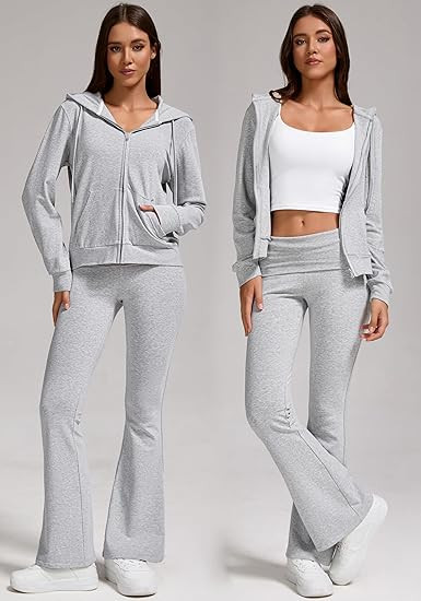 Women's 2-Piece Lounge Outfit-Lightweight Zip-Up Hoodie with Pockets & Low Rise Flare Leggings Yo... | Amazon (US)