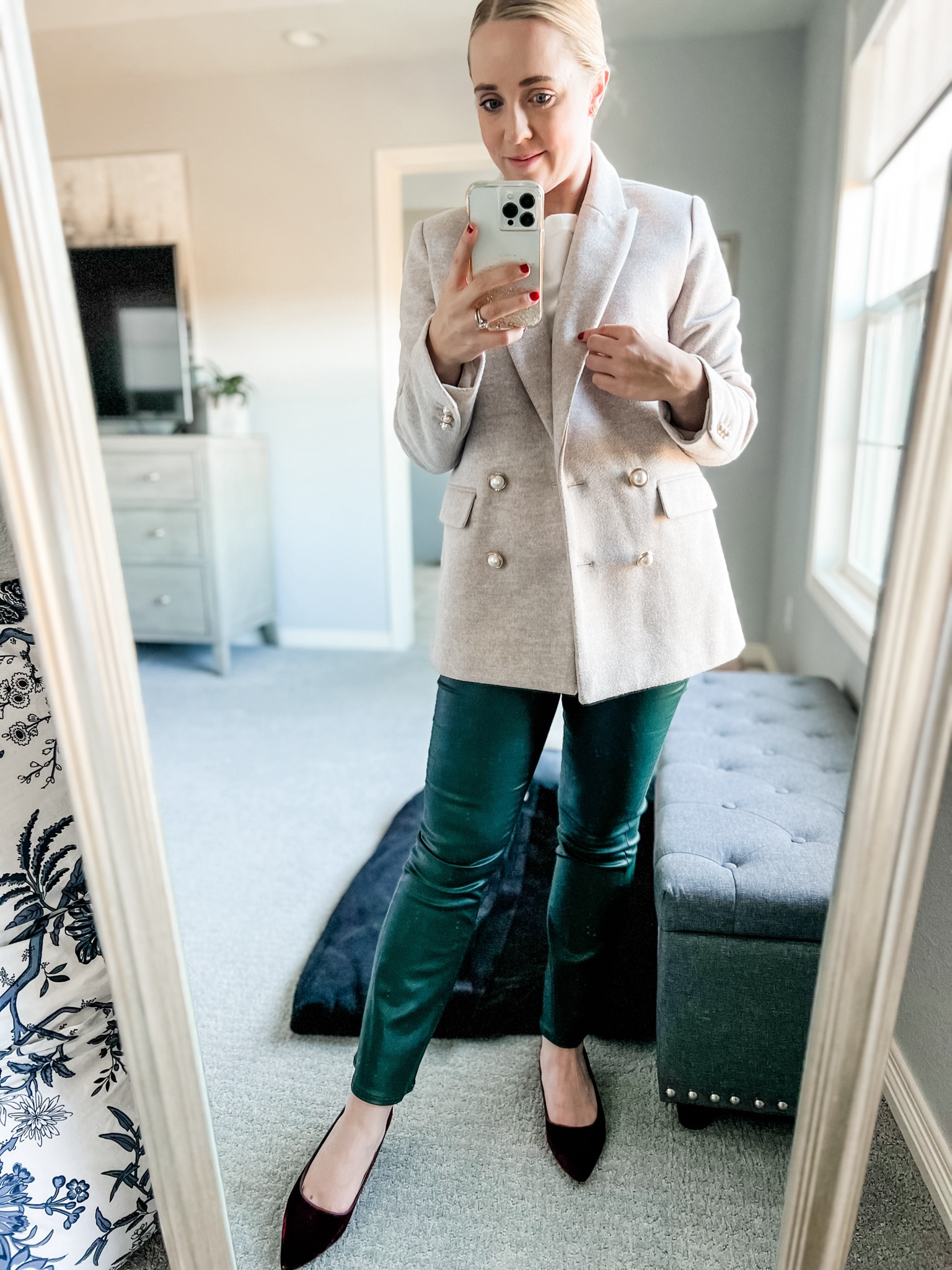 Herringbone blazer small petite. Suggest a size down. 50% off with code 24hrs. 
Green coated pants in 4p, fit tts, now 40% off.

Winter outfit
Holiday outfit.
Winter blazer. 
Petite
Petite outfit
Petite pants 

#LTKsalealert #LTKSeasonal