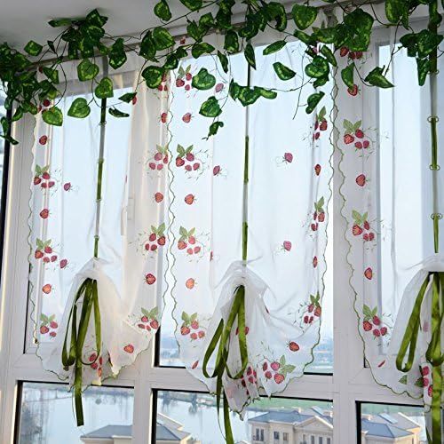 WPKIRA Fresh Strawberry Embroidered Roman Curtain Balloon Curtains Valance Voile Tulle Sheer Window  | Amazon (US)