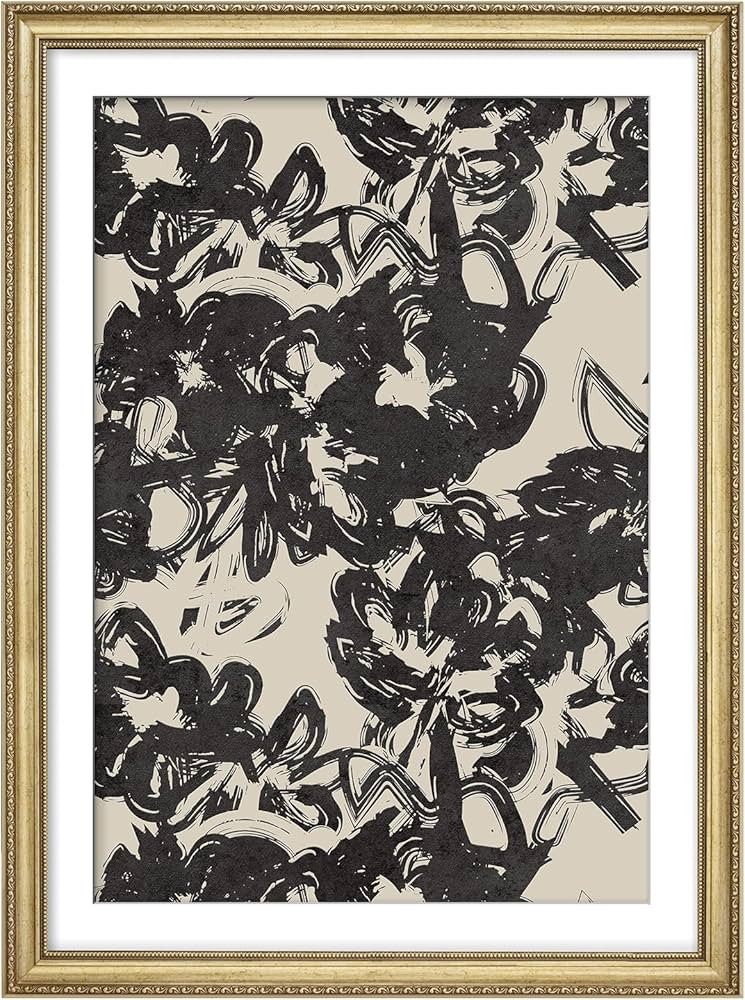 SIGNFORD Premium Framed Wall Art Bold Black Floral Brushstrokes Modern Abstract Pattern Illustrat... | Amazon (US)