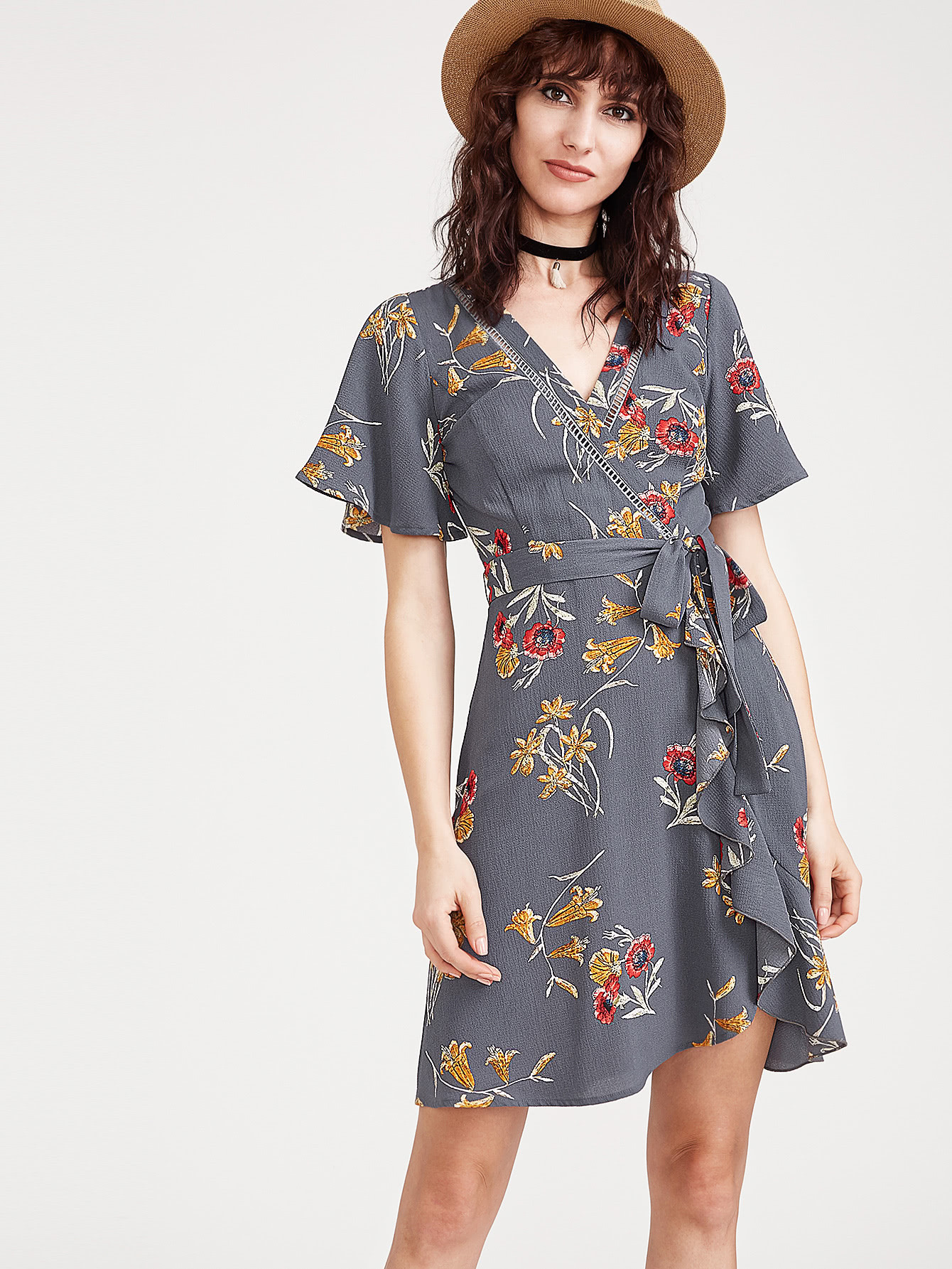 Botanical Print Flutter Sleeve Surplice Obi Tie Dress | SHEIN