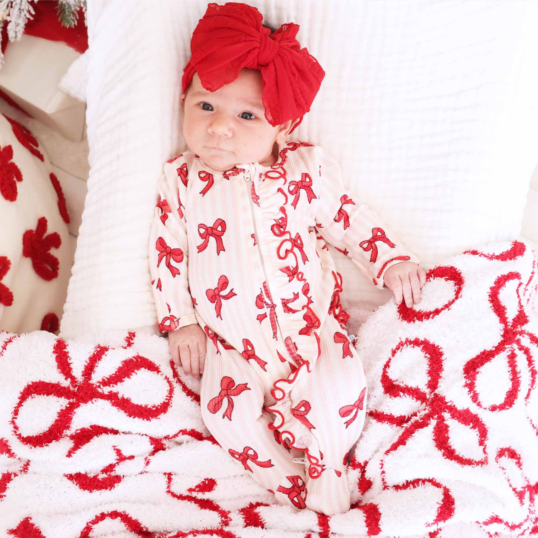 Coquette Christmas Bamboo Waffle Zipper Ruffle Footie | Caden Lane