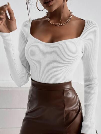 Solid Sweetheart Neck Sweater | SHEIN
