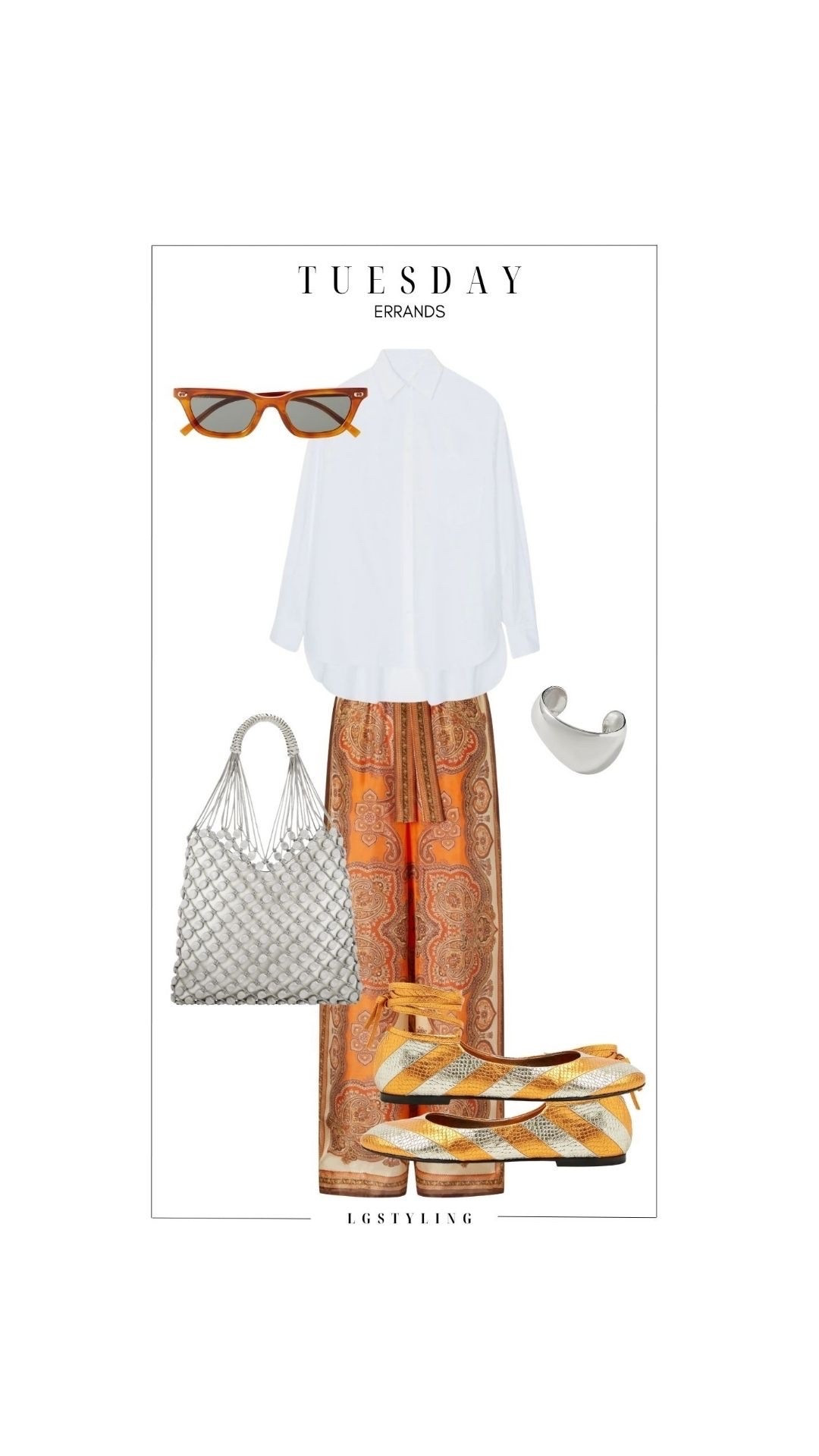 TUESDAY — ERRANDS
Errands, but make it interesting. 🧡 A crisp white button-down gives these paisley wide-leg pants room to shine, while striped flats, sculptural silver and a statement bag make the whole look feel collected rather than overly coordinated. Easy, comfortable + anything but boring.