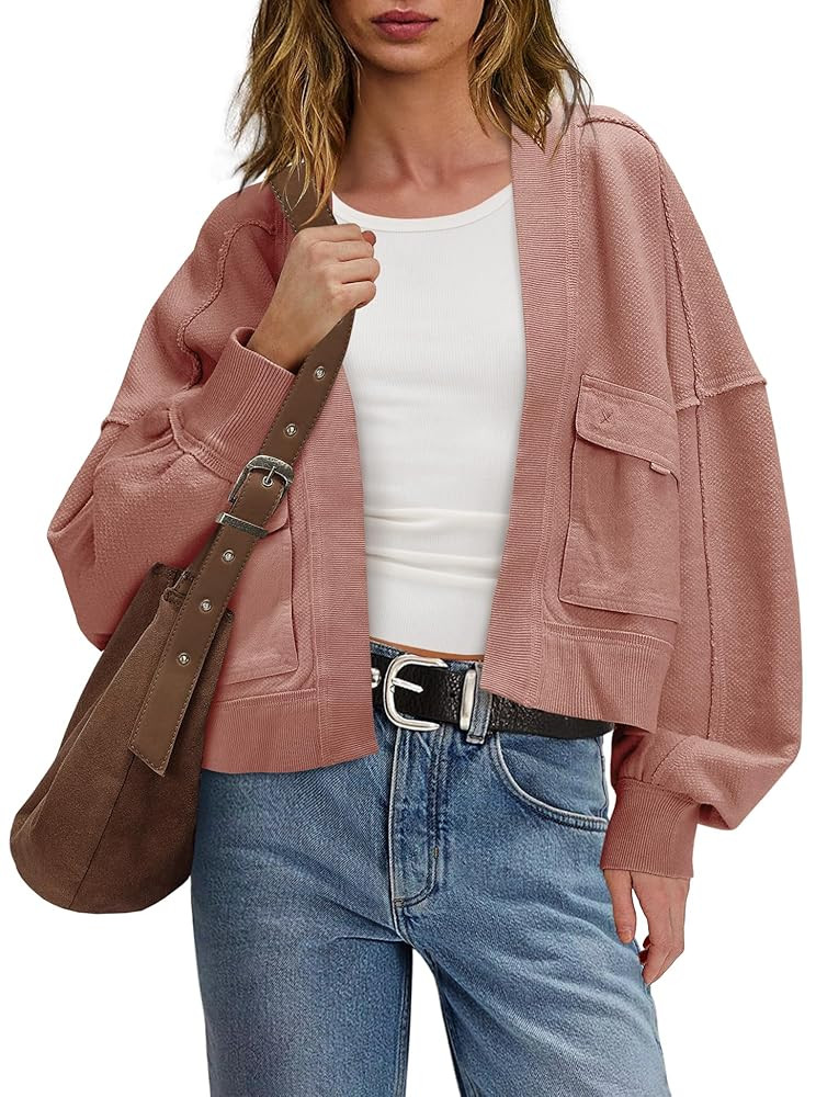 Panadila Womens Cropped Jackets Oversized Cardigans Long Sleeve Open Front Sweatshirt Cardigan Fa... | Amazon (US)