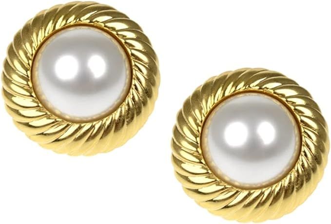 Kenneth Jay Lane 30mm Polished Gold Twist Button Clip Earring with Cultura Pearl Center | Amazon (US)