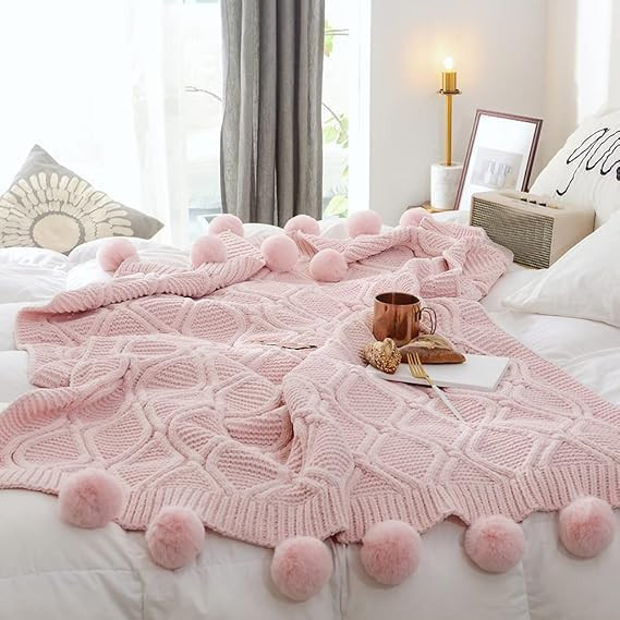 Pink Chenille Knitted Throw Blanket Geometric Textured Weaving Chunky Blanket with 16pcs Pompoms ... | Amazon (US)