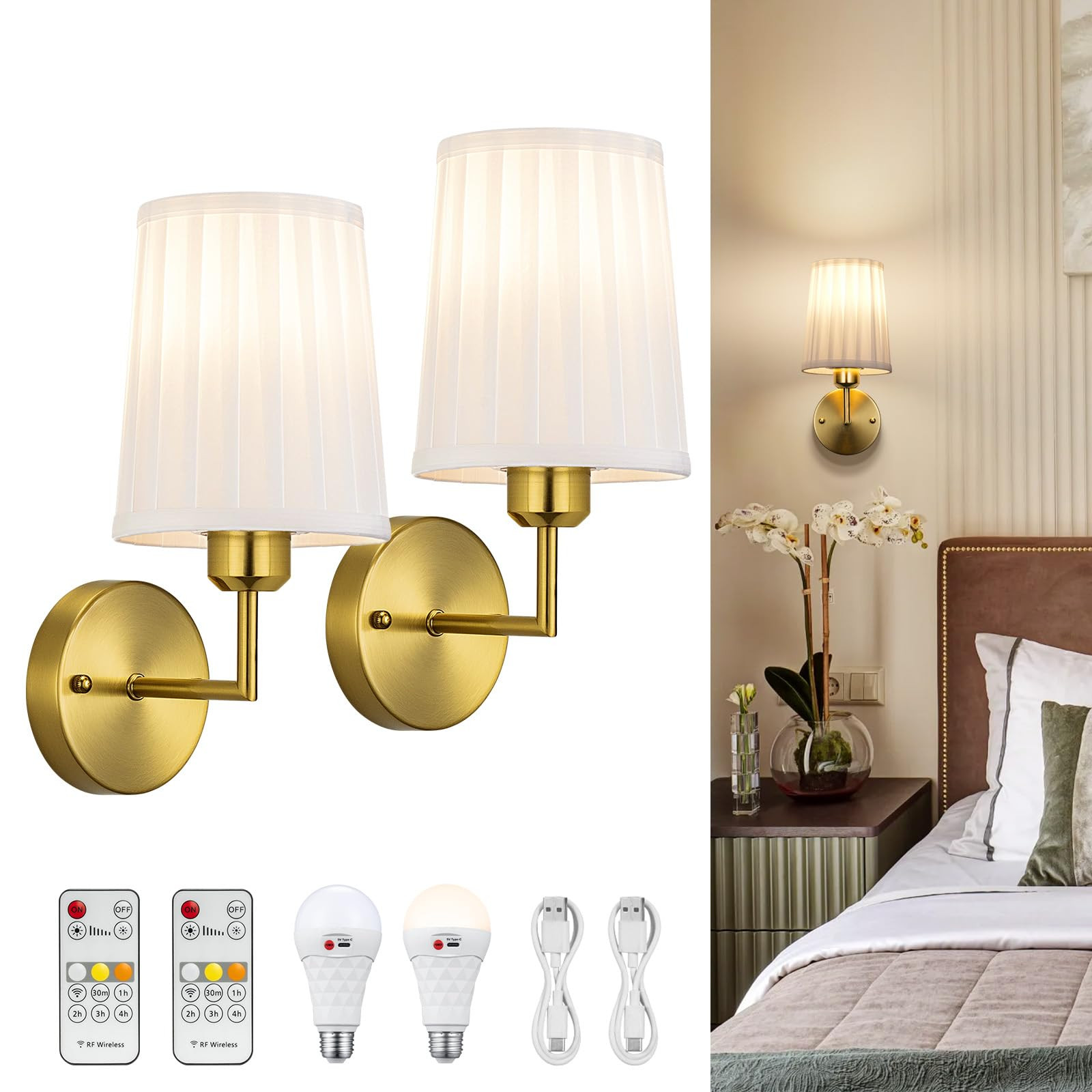 Battery Operated Wall Sconces, Pleated Fabric Rechargeable Wall Sconce Decor Set of 2 Wireless Wa... | Amazon (US)