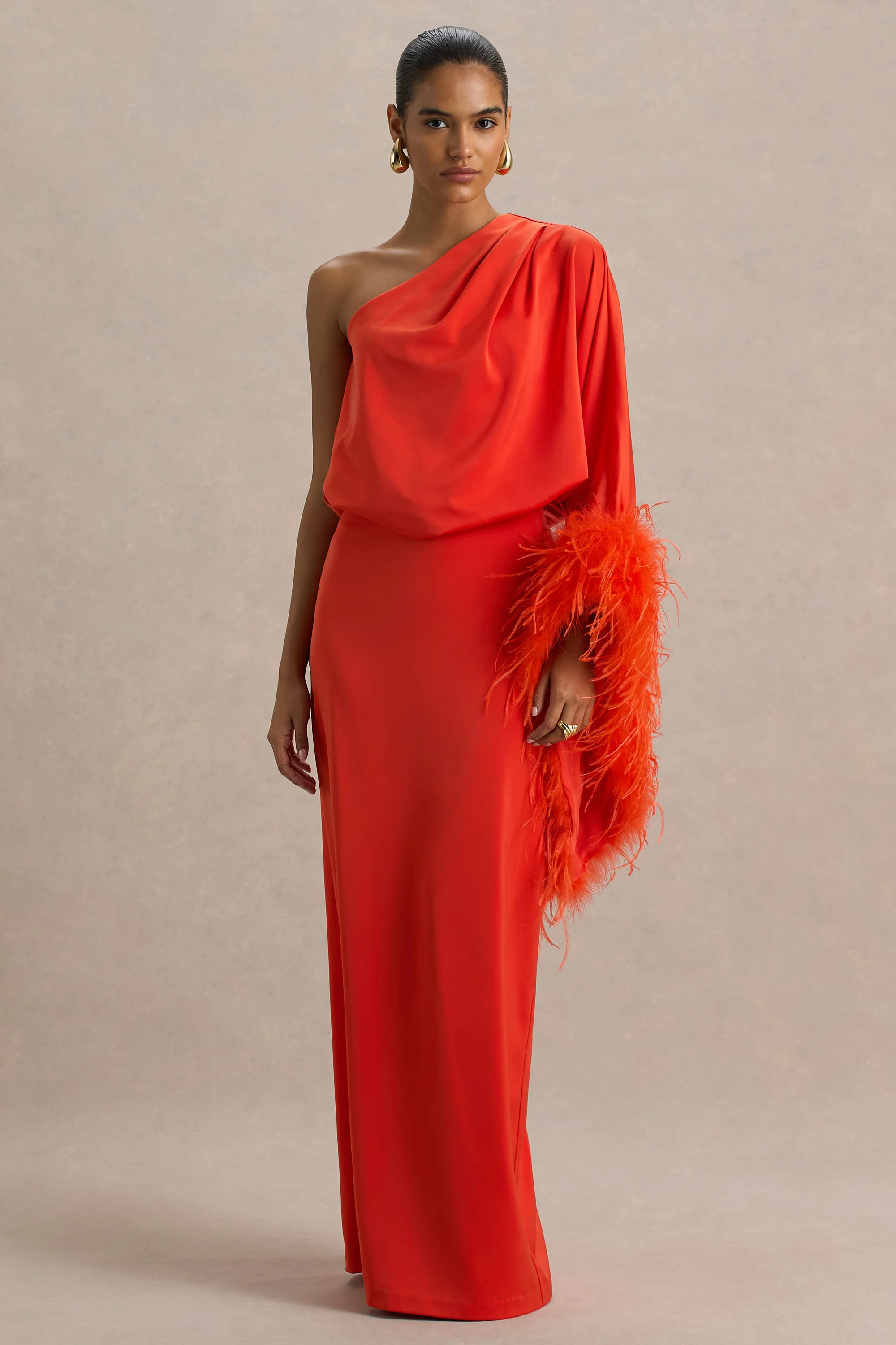Felicity | Orange Satin Asymmetric-Neck Maxi Dress With Feather Detailing | Club L London