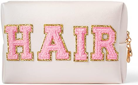 Y1tvei Preppy Patch HAIR Letter Cosmetic Toiletry Bag PU Leather Portable Makeup Bag Sewn with Cheni | Amazon (US)