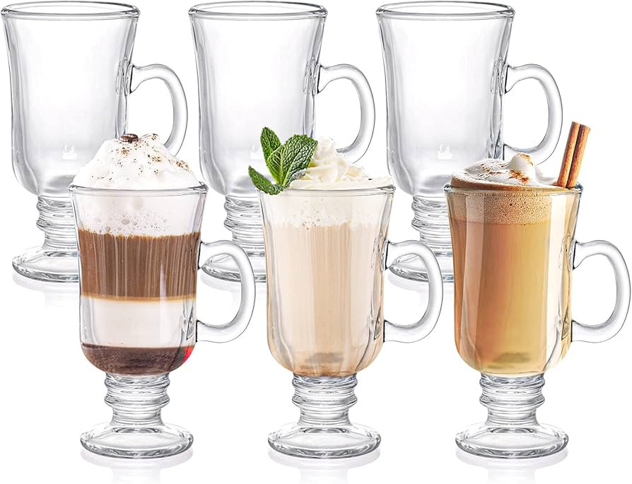 ZENFUN Set of 6 Irish Coffee Mugs, 8 Oz Glass Footed Espresso Cups with Handles, Clear Goblet Mug... | Amazon (US)