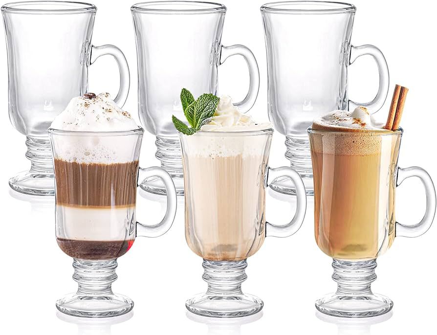 ZENFUN Set of 6 Irish Coffee Mugs, 8 Oz Glass Footed Espresso Cups with Handles, Clear Goblet Mug... | Amazon (US)