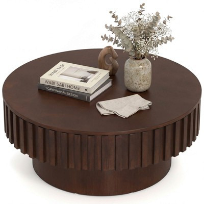 Costway Round Coffee Table with Storage, Wooden Drum Coffee Table with Hidden Compartment Walnut | Target