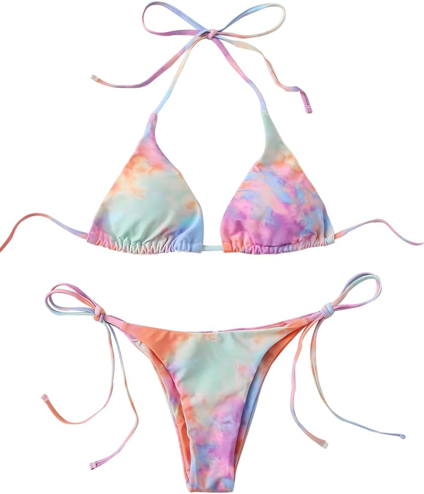 SweatyRocks Women's Sexy Bathing Suits Halter Bikini Top Tie Dye Two Piece Swimsuits | Amazon (US)