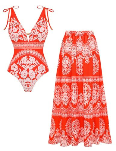 FLAXMAKER Women's One Piece Orange and White V Neck Bow-Detailed Floral Pattern Printed Swimsuit Set (US, Alpha, Small, Regular, Regular, Orange Swimsuit and Skirt) | Amazon (US)