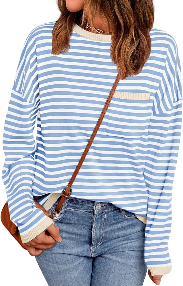 LILLUSORY Womens Oversized Striped Soft Knit Pullover Sweater Shirts with Chest Pocket | Amazon (US)