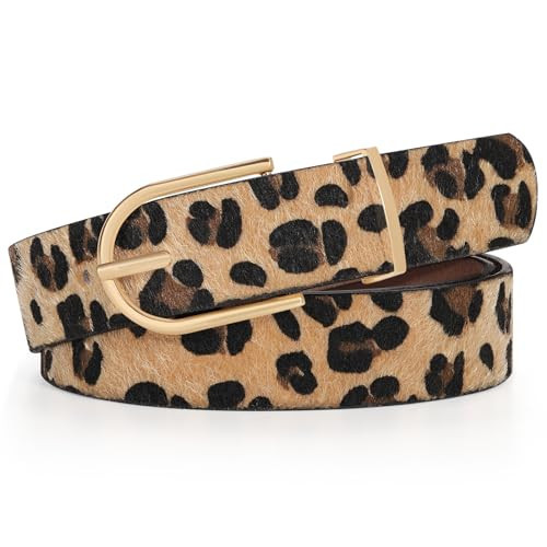 SANSTHS Women Faux Leather Chic Belts for Jeans Pants Dresses, Fashion Ladies Belt Solid Color with Gold Curved Pin Buckle, Leopard S | Amazon (US)