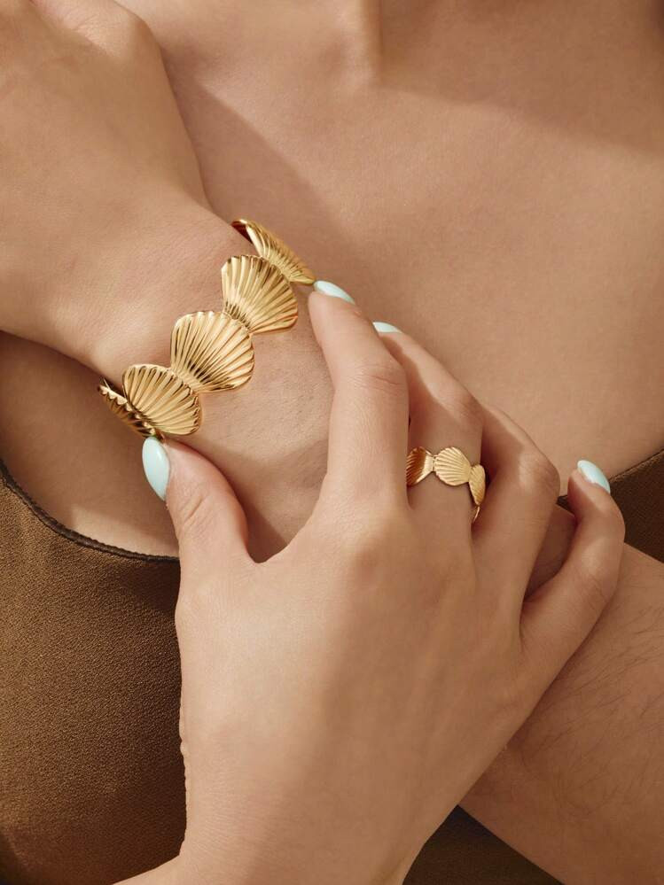 1 Set Fashion New Women Jewelry Set, Ocean Theme Shell Design Bracelet, Ring Set, Gold/Silver/Bla... | SHEIN