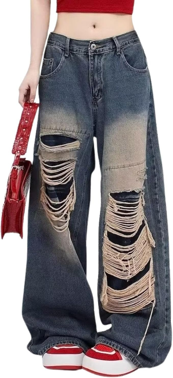 Baggy Jeans for Women Men Ripped Straight Leg Pants High Waisted Distressed Jeans Y2K Grunge Summ... | Amazon (US)