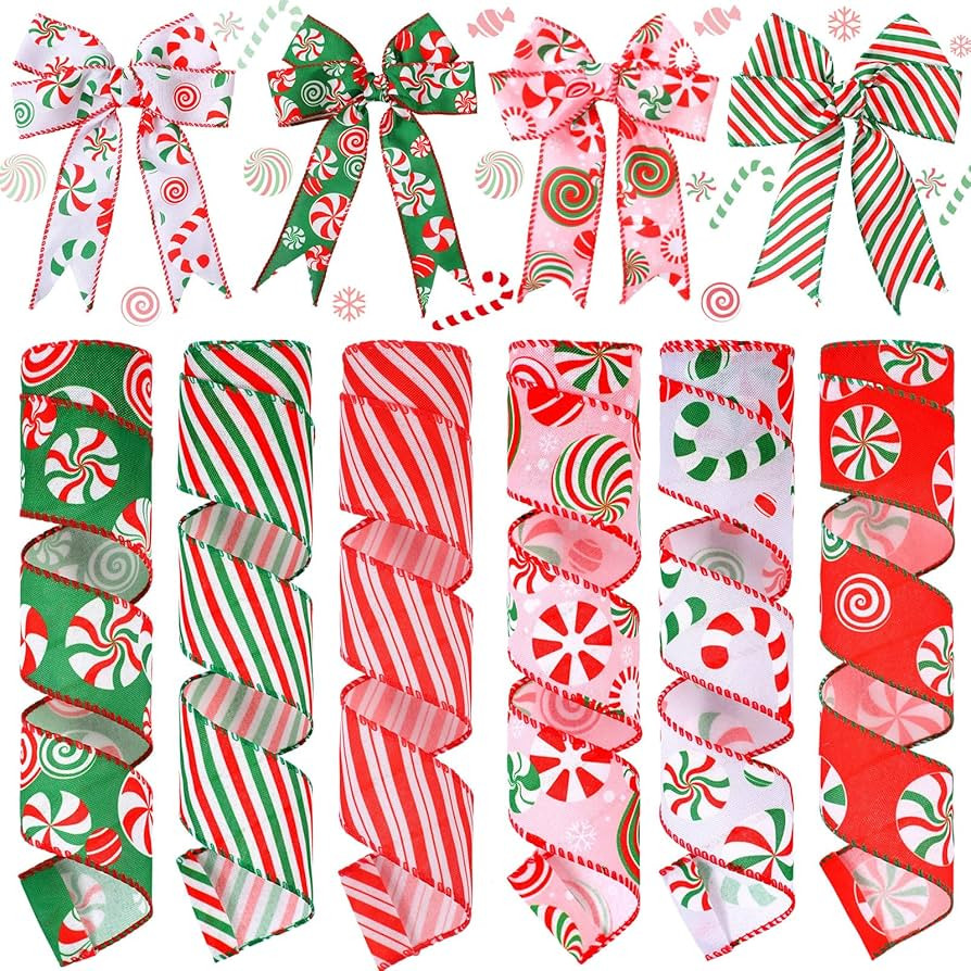 Yingzhao 6 Rolls 30 Yards Christmas Candy Peppermint Wired Edge Ribbon Christmas Candy Ribbon Bur... | Amazon (US)