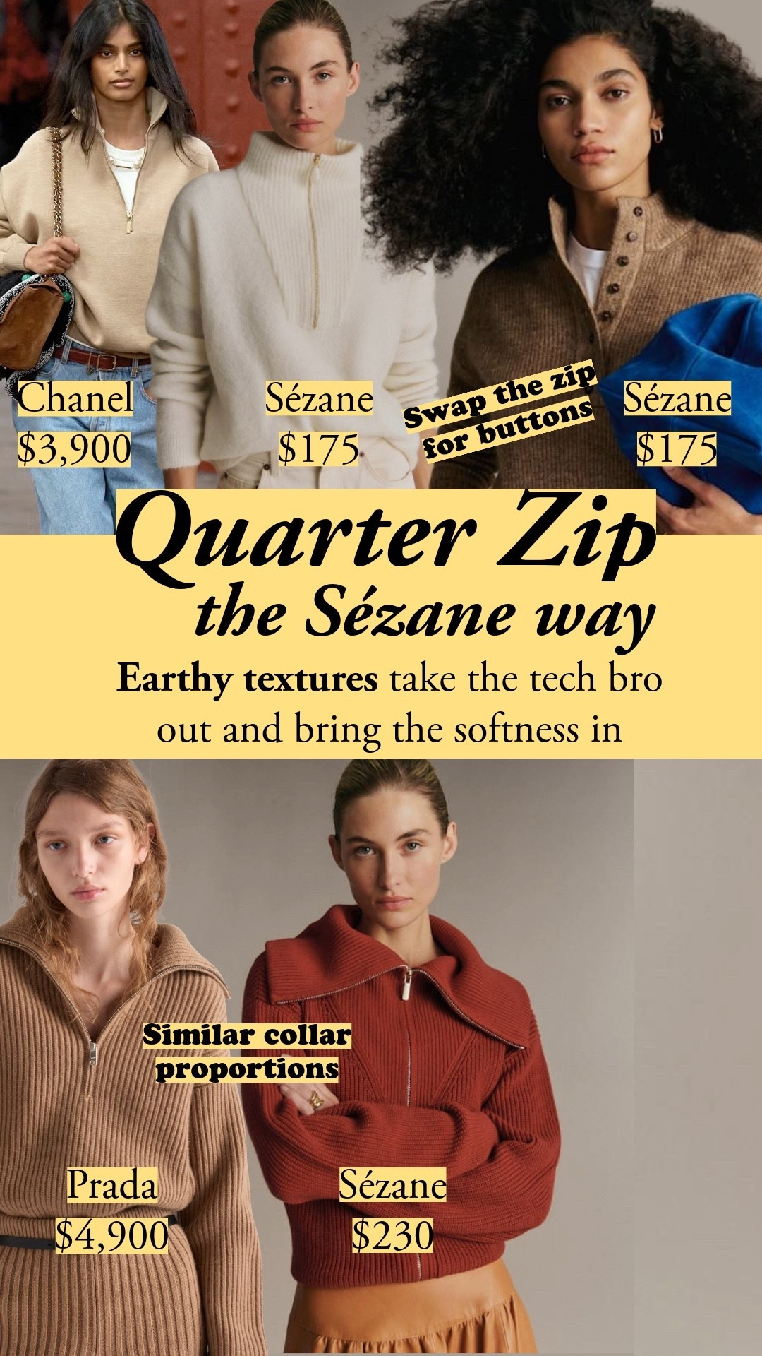 These are the earthy version of the funnel-neck and quarter-zip shapes everyone's charging multiples for fuzzy mohair and yak blends, generous collars, and on the Juliette, buttons instead of a zipper. The oversized merino styles (Léonard, Théo, Edgar) have real weight and structure, so they can overwhelm a petite frame; the Sophie's fitted bodice is the easier way into the volume. As an alternative to the Virgil, I'm including a Gap chunky cotton sweater with a drop shoulder, substantial collar, and similar waist shape (modern and straight rather than cinched in).

#LTKootd #LTKSeasonal