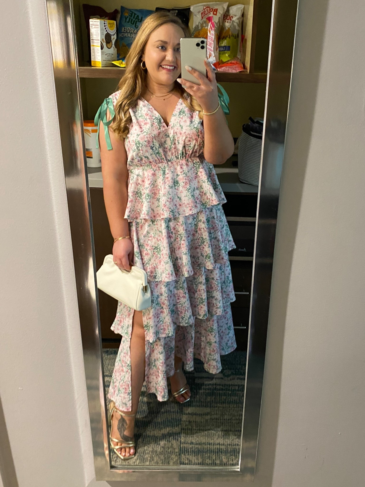 Maxi dress, tiered dress, cream handbag, gold heels, heeled sandals, summer dress, wedding guest dress, Amazon dress, Amazon style, summer style, floral dress, bow sleeve dress, green and pink dress

#LTKShoeCrush #LTKFindsUnder50 #LTKStyleTip