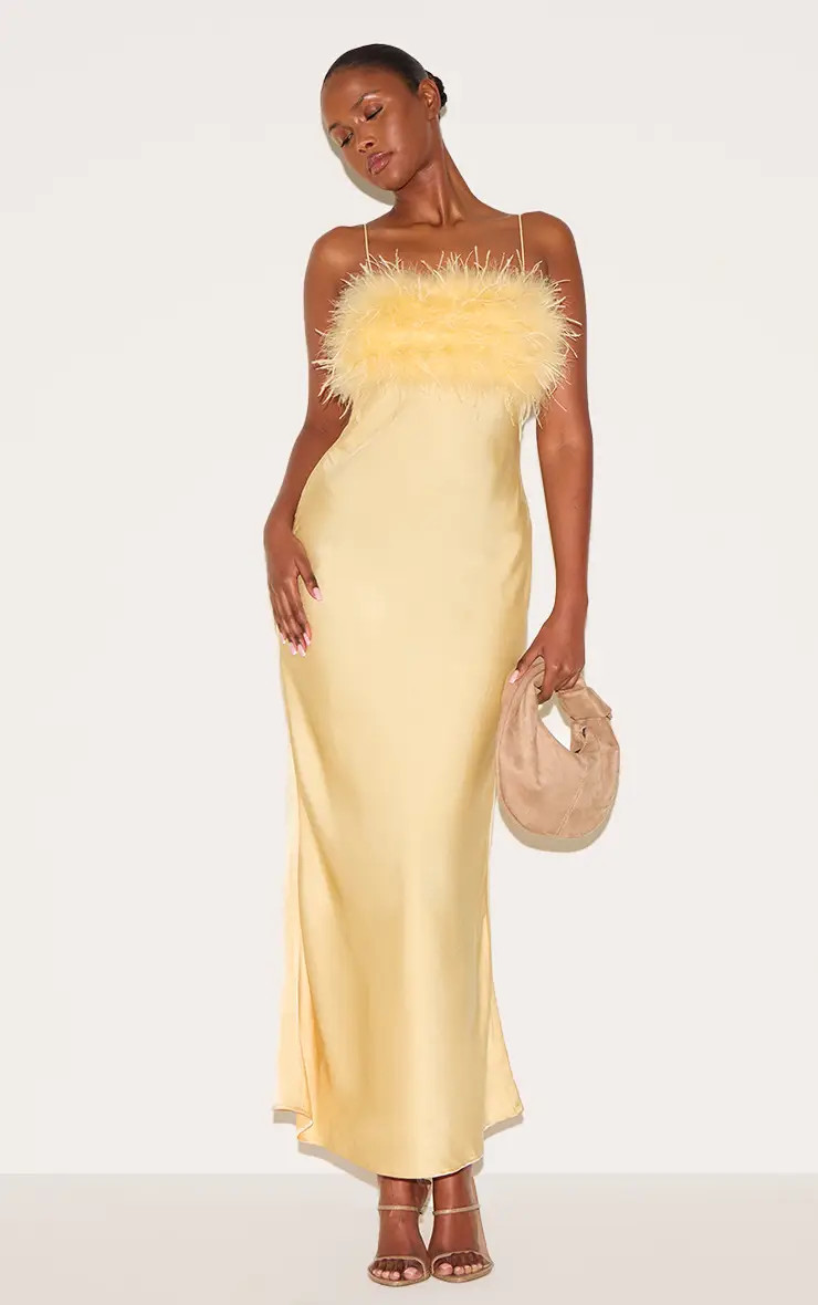 Yellow Satin Feather Bust Detail Strappy Maxi Dress | PrettyLittleThing US
