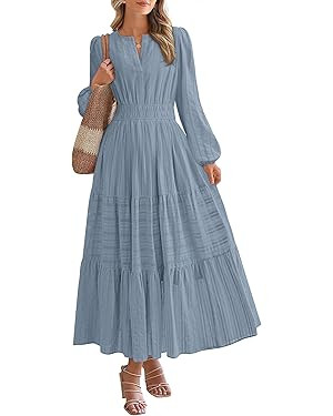 BTFBM Fall Dresses for Women 2025 Casual Long Sleeve V Neck Elastic Waist Lightweight Maxi Weddin... | Amazon (US)