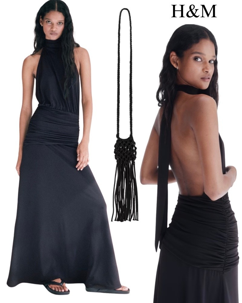 H&M new arrivals, open back maxi dress, black halter, fringe purse, summer, date night.

#LTKootd