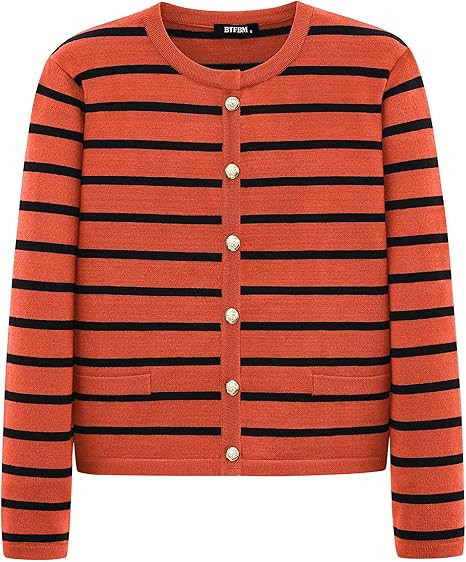 BTFBM Women's Cardigans Sweater 2024 Fall Striped Long Sleeve Button Down Crop Open Front Knit Ou... | Amazon (US)