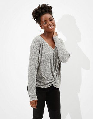 AE Plush Long Sleeve Twist Front T-Shirt | American Eagle Outfitters (US & CA)