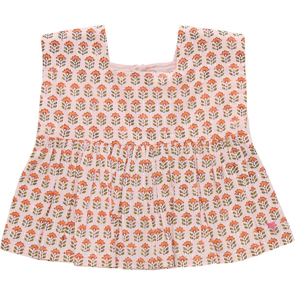 Girls Kamari Top, Pink Prairie Block Print | Maisonette