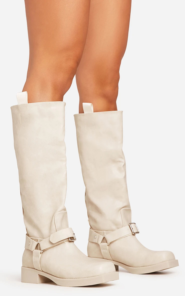 Equestria Buckle Detail Square Toe Knee High Long Biker Boot In Cream Acid Wash Faux Leather | EGO Shoes (US & Canada)