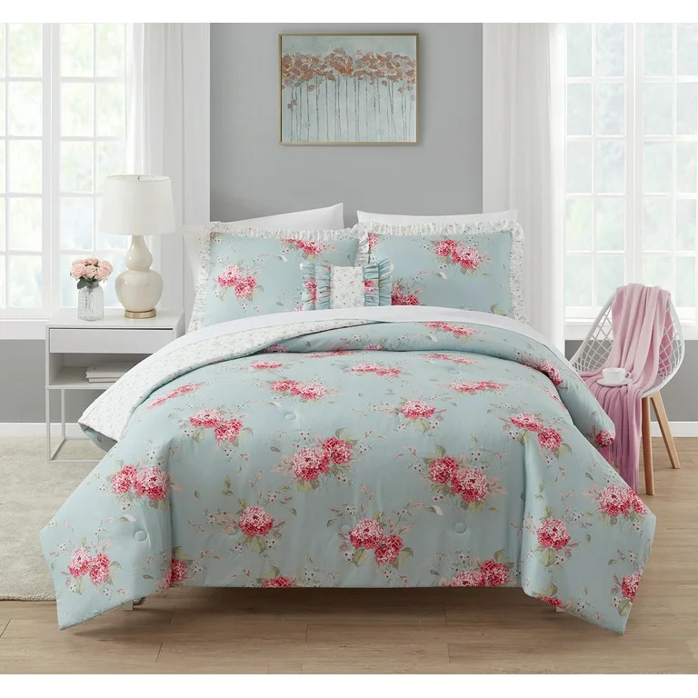 Simply Shabby Chic Belle Hydrangea 4-Piece Washed Microfiber Comforter Set, Full/Queen | Walmart (US)
